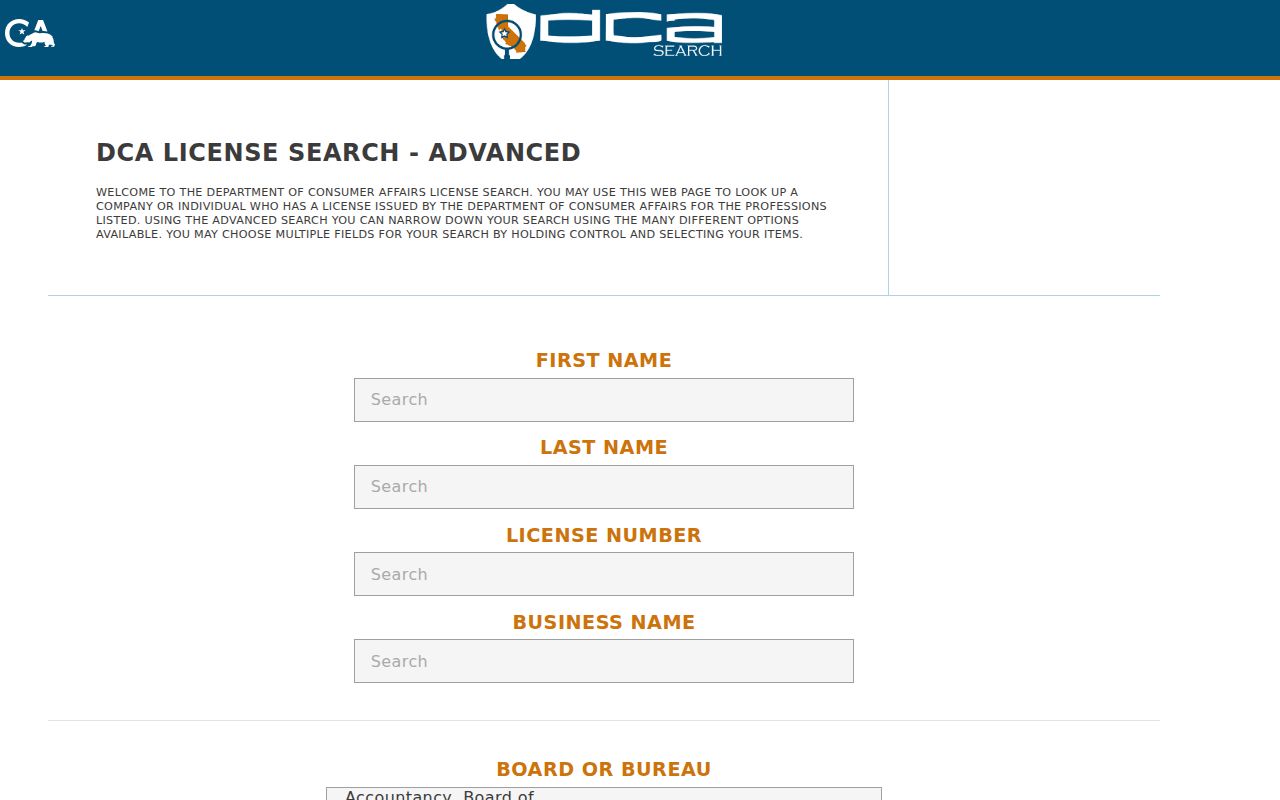 Fullerton people directories California DCA license search