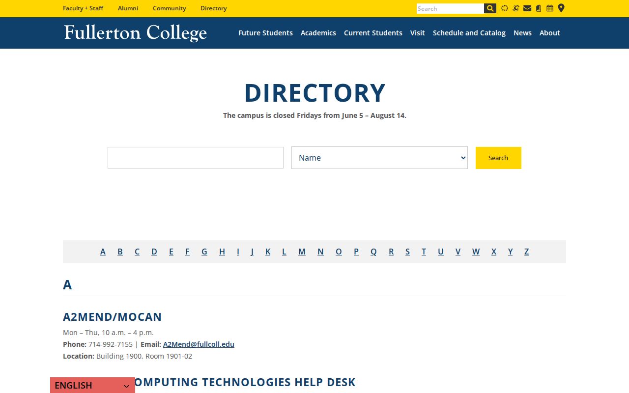 Fullerton people directories Fullerton College department directory