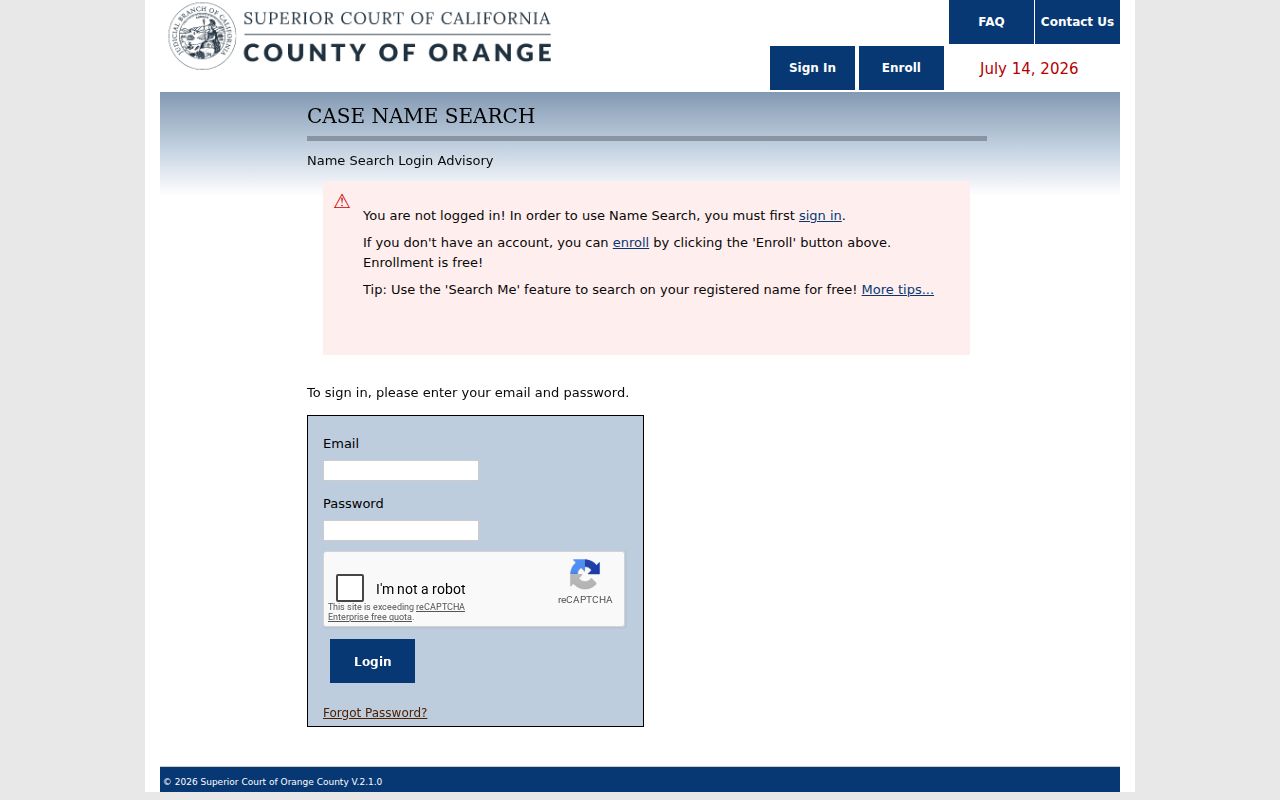 Fullerton public records Orange County court name search login